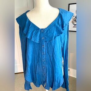 We The Free Blue Long-Sleeve Button-Up Shirt - Ruffle Neckline, Size M